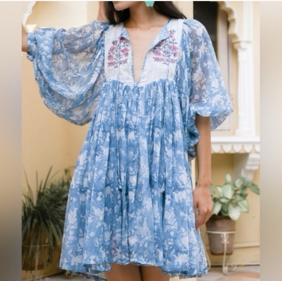 Daughters of India Jaya Mini Dress in Juniper Floral Blue Dress Size XL - Picture 3 of 16